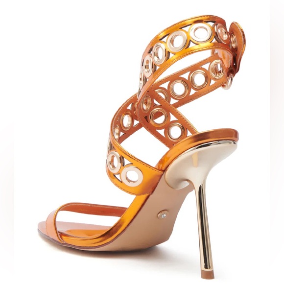 Orange & Metallic Gold Hardware Embellished Stiletto High Heel Sandals - Picture 4 of 5